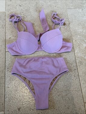 Women's Lavender Ribbed High-Waist Bikini Set